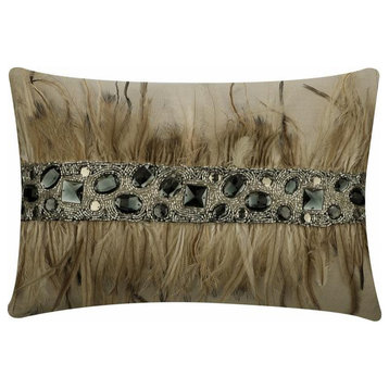 Beige 12"x22" Feathers, Crystals Beaded Linen Pillow Cover - Rhinestone Feathers