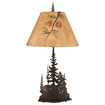 Burnt Sienna Iron Nature Scene Table Lamp With Feather Tree Forest and Cabin