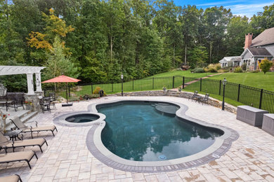 Идея дизайна: большой бассейн произвольной формы на заднем дворе в классическом стиле с мощением тротуарной плиткой
