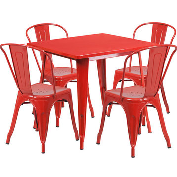 Flash Furniture 31.5'' Square Red Metal Indoor Table Set With 4 Stack Chairs