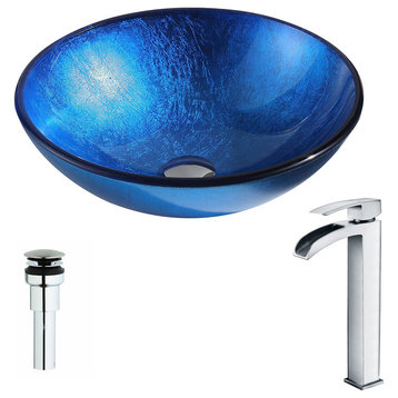 ANZZI Clavier Series Deco-glass Vessel Sink In Lustrous Blue With Key Faucet In