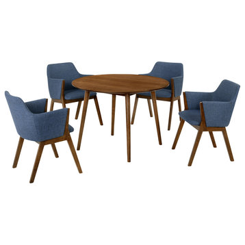 Arcadia and Renzo Round and Wood 5-Piece Dining Set, Blue and Walnut, 42"