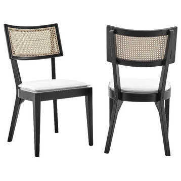 Modway Caledonia 19" Rattan Wood Fabric Dining Chair in Black/White (Set of 2)