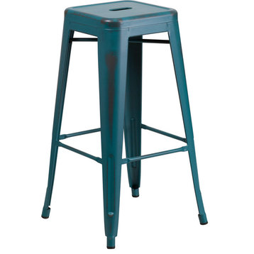 30" High Backless Distressed Kelly Blue-Teal Metal Indoor-Outdoor Barstool