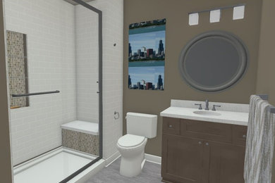 Example of a mid-sized trendy beige tile and subway tile porcelain tile and gray floor bathroom design in Indianapolis with shaker cabinets, medium tone wood cabinets, beige walls, an undermount sink, quartz countertops and white countertops