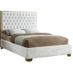 Meridian Furniture - Lana Velvet Bed, White, Queen - Make the Lana white velvet bed part of your dream bedroom setup. This bed has all of the bells and whistles you want, including a super tall headboard that stands nearly five-feet tall. The bed is covered in white velvet fabric for a luxe look, and it's deeply tufted for added luxuriousness. The headboard is soft and welcoming against your back and head as you read or watch TV in bed, and the bed rests on gold legs for dependable sturdiness and durability. Use it without a box spring or foundation, since the slats are included.