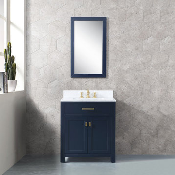 Madison 36" Carrara White Marble Vanity, Monarch Blue With Mirror/Faucet