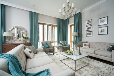 Living room - large traditional formal carpeted living room idea in Moscow with gray walls