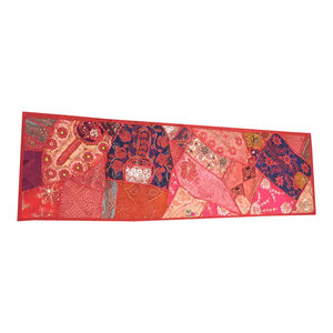 Mogul Interior - Consigned Red Sari Patchwork Sequin Banjara Embroidered Tapestry - Tapestries