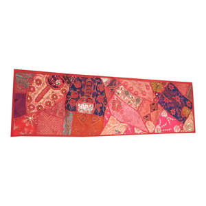 Mogul Interior - Consigned Red Sari Patchwork Sequin Banjara Embroidered Tapestry - Tapestries