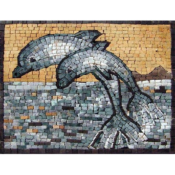 Two Cute Dolphins Mosaics, 9"x12"