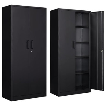 Metal Storage Cabinet, 2 Doors & 4 Adjustable Shelves, Black, 182.5*90*45cm