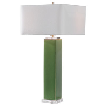 Lush Green Square Cylinder Column Table Lamp, Ceramic Organic Tropical White