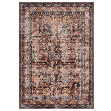 Classic Area Rug, Polypropylene With Distressed Oriental Pattern, Brown/Ivory