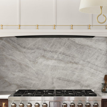 Elegant Two-Tone Kitchen with Walnut Cabinetry and Statement Stone Backsplash