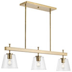 Progress Lighting - Saffert 3-Light Linear Island Chandelier in Vintage Brass - Embrace modern urban style with the Saffert linear chandelier. Clear glass shades punctuate a stoic  beam-style frame. Substantial scale and a bold form make a statement in dining rooms  kitchens and bar areas. Saffert is the perfect choice for new traditional  industrial and luxe interiors.&nbsp
