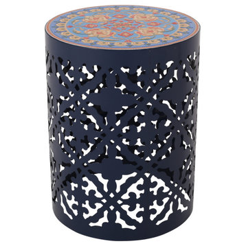Misael Outdoor Lace Cut Side Table With Tile Top, Dark Blue/Multi-Color