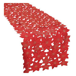 Xia Home Fashions - Festive Poinsettia Embroidered Cutwork Christmas Table Runner, 15"x54" - Table Runners