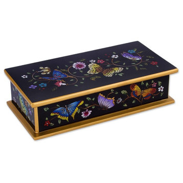 Novica Glorious Butterflies, Black Reverse-Painted Glass Decorative Box