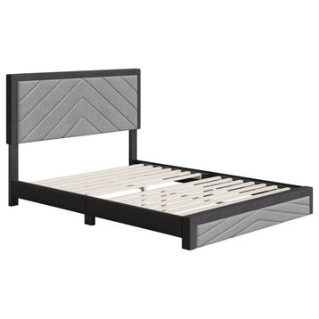 Contemporary Platform Bed, Chevron Patterned Linen Headboard, Black/Gray, Full