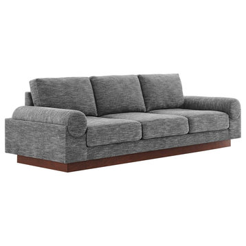 Modern Fabric Sofa with Wooden Plinth Base, Bolster Couch Ivory Fabric , Gray