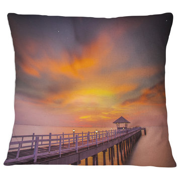 Seashore with Long Wooden Pier Pier Seascape Throw Pillow, 16"x16"