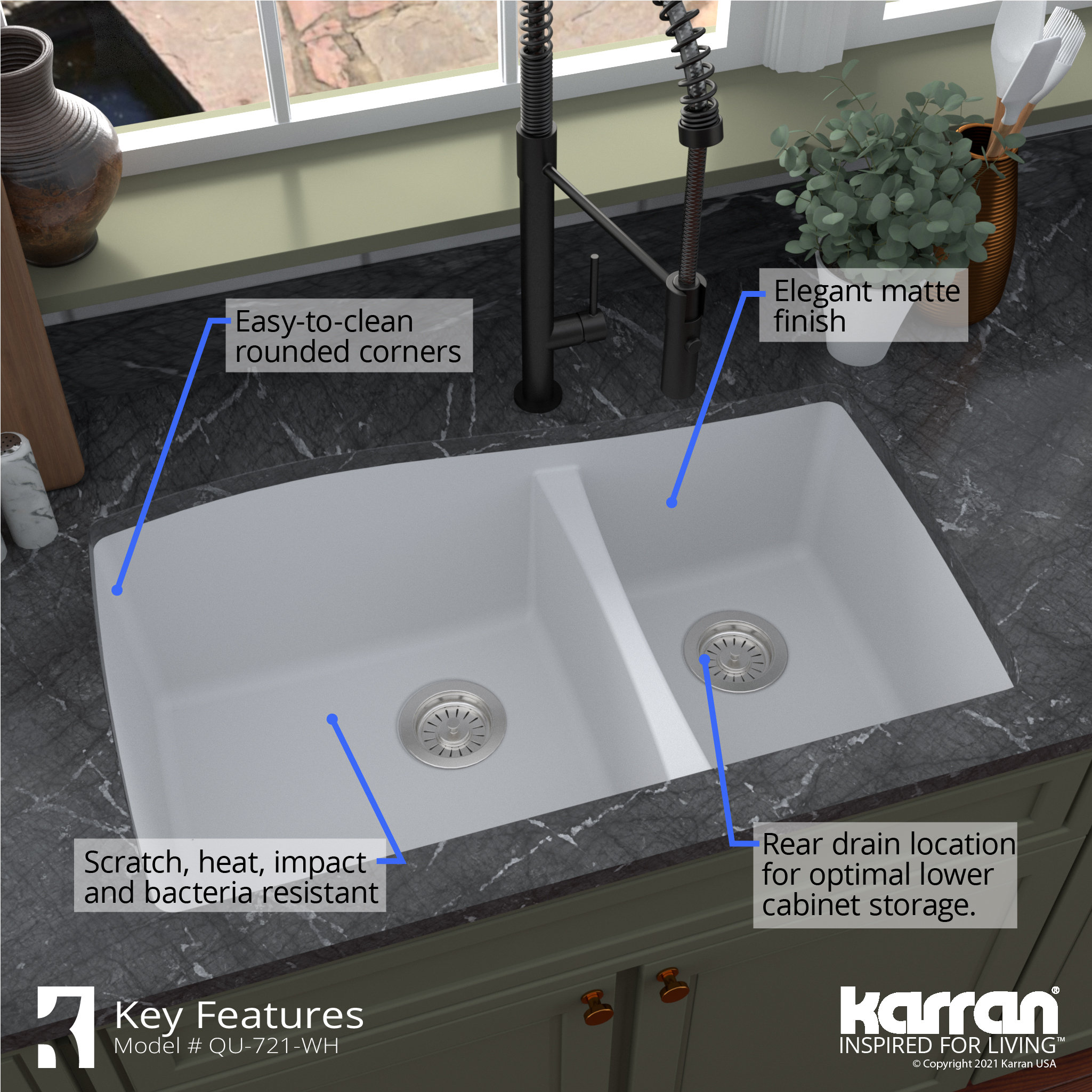 Karran Undermount Quartz 33" 60/40 Double Bowl Kitchen Sink, White