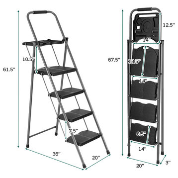 Costway 4 Step Folding Ladder 330lbs Portable Steel Anti-Slip w/Tool Platform