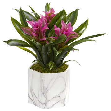 Bromeliad Artificial Plant in Marble Finished Vase, Purple