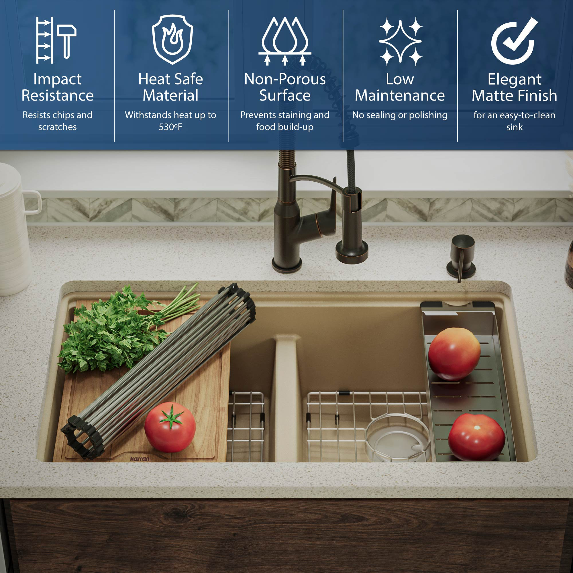 Karran Undermount 32.5 in. Double 50/50 Bowl Workstation Kitchen Sink, Bisque