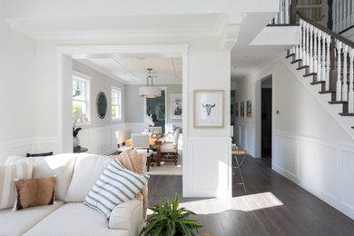 Inspiration for a large transitional formal and open concept dark wood floor living room remodel in San Francisco with white walls, a standard fireplace and a plaster fireplace