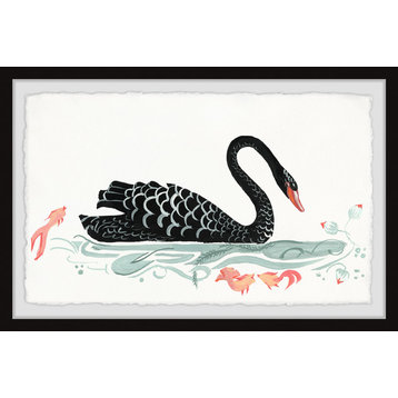 "Black Swan and Kois" Framed Painting Print, 18"x12"