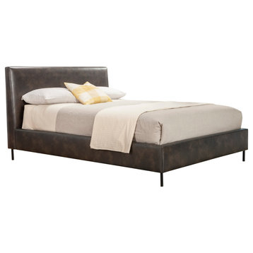 Benzara BM230767 Faux Leather Upholstered Queen Bed With Metal Legs, Gray