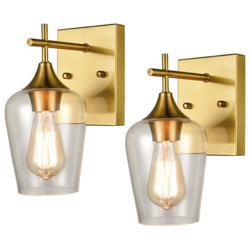 Clear Glass Bathroom Wall Sconces Lighting, Set of 2, Brass
