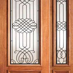 Designer Iron Scrollwork Glass, Mahogany Prehung Door One Sidelite - Front Doors