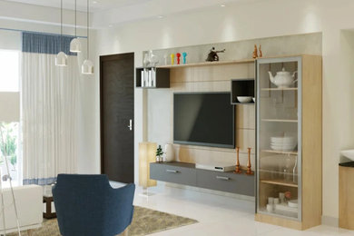 Example of a mid-sized southwest enclosed plywood floor, white floor, exposed beam and wall paneling living room library design in Other with beige walls and a media wall