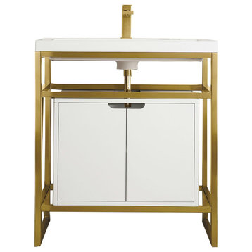 Boston 31.5" Sink Console Gold w/ White Storage Cabinet White Composite Top