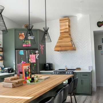 Modern Green Kitchen with Custom Wood Range Hood