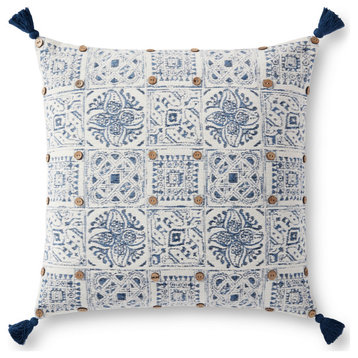 Blue/White 22"x22" Boho Printed Tile Motif Wooden Button With Tassels Pillow