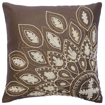 Handmade 26"x26" Pearl &Jute Embroidery Brown Linen Cushion Cover, Earthy Nature