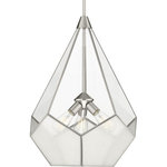 Progress Lighting - Cinq Collection Brushed Nickel 3-Light Pendant - Inspired by modern geometric designs and contrasting elements, this bohemian-style pendant is an attention-grabber for all the right reasons. Geometric shapes form from the brushed nickel frame. Glass panels create a shade that holds an industrial light base inside.