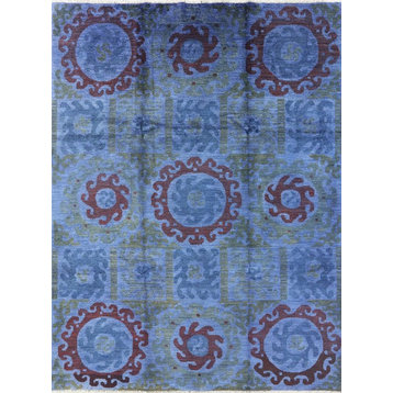 One of a Kind Geometric Blue 9'x12' Overdyed Hand Knotted Wool Area Rug H8784