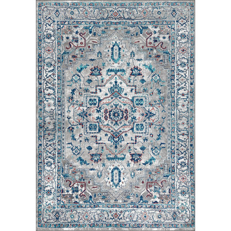 Modern Persian Vintage Medallion Light Grey/Blue 4' x 6' Area Rug
