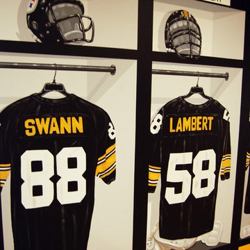 Pittsburgh Steelers 1970's Themed Locker Room Murals in a Home Gym/Game Room