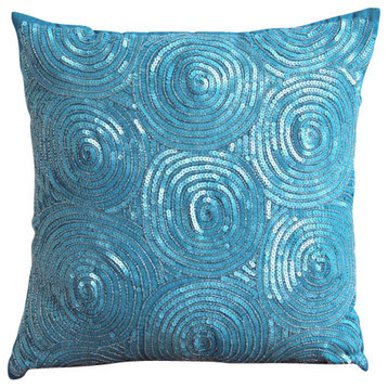 Spiral Blue Sequins 18"x18" Art Silk Blue Throw Pillows Cover, Aqua Touch