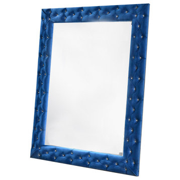 Benzara BM231654 Velvet Wrapped Wooden Frame Mirror With Button Tufting, Blue