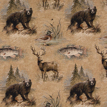 Bears Fish Ducks Deer and Trees Themed Tapestry Upholstery Fabric By The Yard