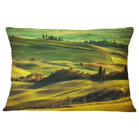 Green Rolling Hills on Misty Sunset Landscape Wall Throw Pillow, 12"x20"