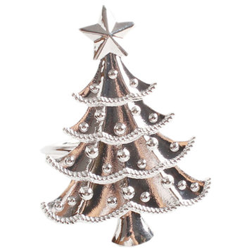 Decorative Christmas Metal Napkin Rings - Set of 4, Silver-Plated Christmas Tree