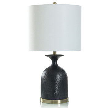 Satin Black Table Lamp Polyresin With Brushed Brass Accents White Shade